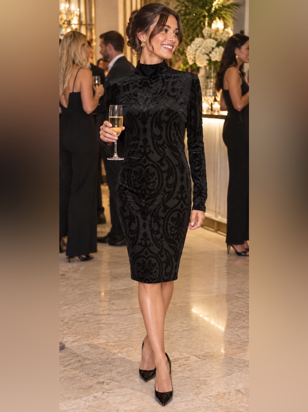 Ronni Nicole Black Damask Velvet Burnout Mock Neck Long Sleeve Sheath Dress Size